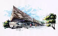 建筑马克笔手绘临摹案例 : 蓝色系：天空、水面、玻璃等；\x0a绿色系：树木、草地等；\x0a灰色系：道路、地面、体块、树木、建筑细节等；\x0a棕红色系：建筑、环境、特殊材质等；\x0a深灰色对表现明暗阴影、空间感作用较大；\x0a鲜艳色彩画一些人物等小面积点缀比较好。