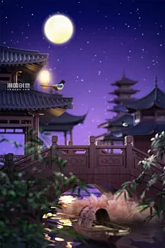 中国风建筑七夕节c4d立体场景夜晚荷塘月色鹊桥国潮图片_潮国创意
