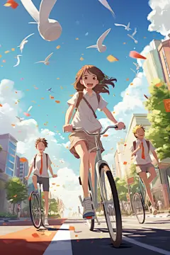 蓝天自行车学生插画图片