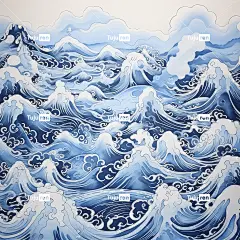 传统的青花瓷风格水墨风景画。该画以山和驱动器为主题，山脉起伏