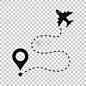 飞机飞行路线图标在透明的风格。旅行线路径矢量插图在孤立的背景。虚线追溯经营理念。