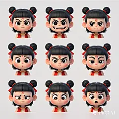 表情包，Q版画风，萌系，简约风，一个魔童哪吒图片，额头中间有一朵统一样式的红莲花印，黑眼圈，可爱画风，动画人物设计，迪斯尼角色风格，开心，愤怒，悲伤，惊讶，疑 (4)