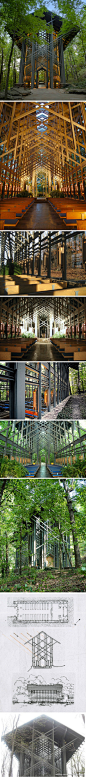 【建筑 】Thorncrown Chapel（荊棘冠教堂），1980年由建筑师 E. Fay Jones 设计。教堂虽建造在森林中，却丝毫不显突兀，“荆棘”造型与青灰配色，使教堂清透明亮。另外，建筑师为保护周边环境，还特意控制建筑材料尺寸，仅两个工人就能搬运材料并穿越森林。via：http://zhan.renren.com/mushitiangong?gid=3674946092077116204