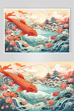 AI数字艺术国潮锦鲤山水建筑元素插画