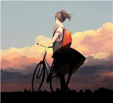 手绘夕阳下放学的骑车少女落寞背影治愈系动漫插画美图赏析