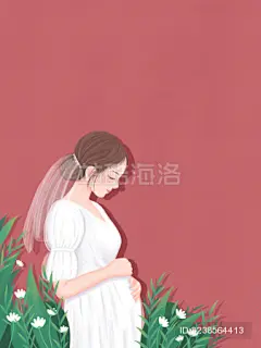 孕妇#孕妈#母亲节#穿白裙子抚摸肚子的孕妈妈插画