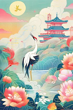 AI数字艺术重阳节国潮创意山水插画