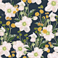 pattern with white anemone flowers and yellow herb