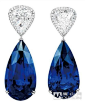 华丽缤纷顶级奢华钻石耳饰   灿烂夺目的蓝宝石钻石耳环，镶有两颗珍贵的锡兰蓝宝石，分别共43.62及40.26克拉，并设有微镶的明亮形切割心形钻石