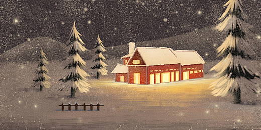 小雪唯美冬天房屋风景插画素材