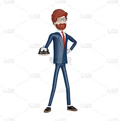 卡通人物商人与前台服务铃声在手。3d渲染