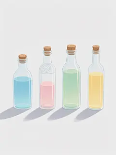 一个具有卡通风格的插画，画面中是四个不同样式、不同配色的透明玻璃瓶，每个瓶子都配有一个圆形的棕色软木塞。瓶子的样式设计各异，有的瓶身较圆润，有的线条更修长，有的带有简约的装饰纹路，有的则是基础的圆柱造型。它们的配色通过瓶内可能盛装的不同颜色透明液体来体现，分别呈现出清新的蓝色、柔和的粉色、淡雅的绿色和温暖的黄色，液体高度一致，使整体显得整齐协调。瓶子排列成整齐的一行，彼此间距均匀，放置在纯白色的纯色背景上。整体画面采用平滑的数字绘画质感，线条清晰流畅，色彩明亮且过渡自然，光影效果柔和，每个瓶子底部都有淡淡