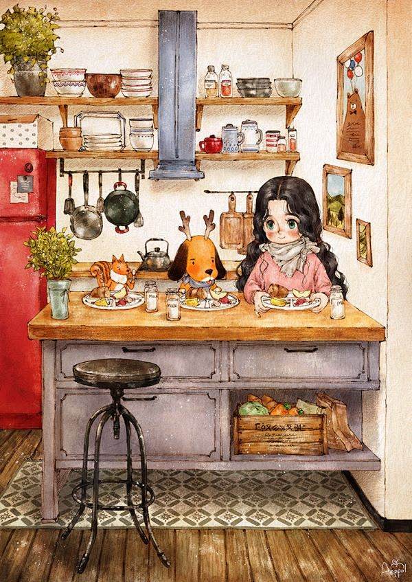 韩国插画师Aeppo‘森林女孩’插画欣赏...