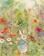 水彩画兔子穿着老式衣服在花园里散步，老式明信片