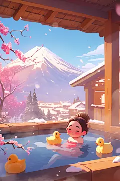 手绘泡温泉人物插画