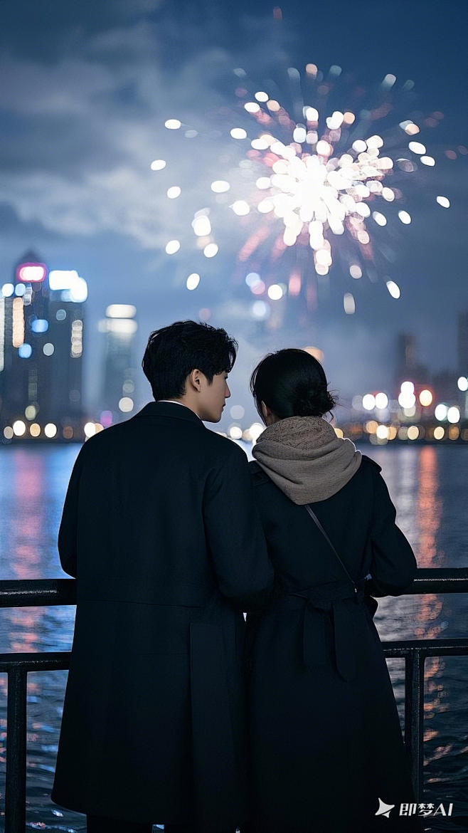 夜晚城市，一对东方男女青年依偎在一起，身...
