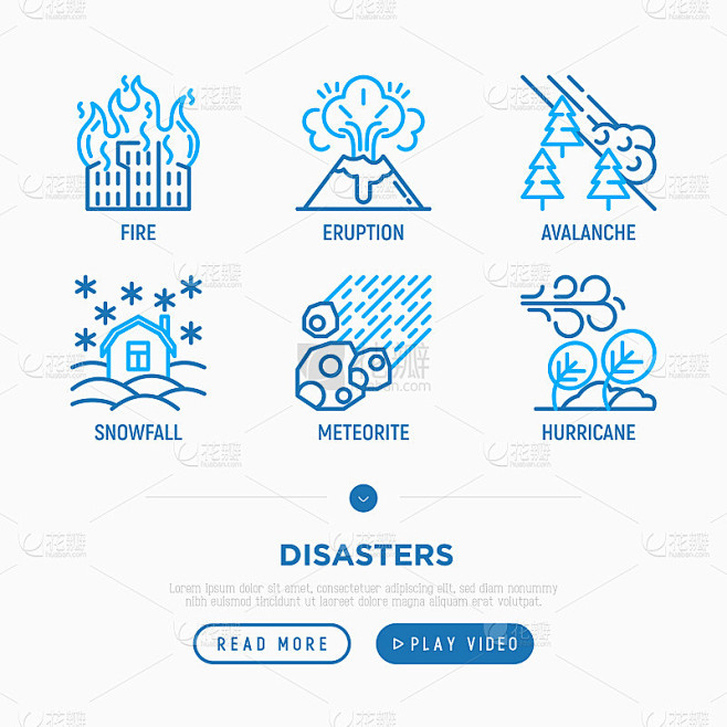 灾害细线图标设置:火灾，飓风，降雪，喷发，陨石，雪崩。矢量插图。