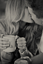 Black and white. Very classic. Love the coffee cup. Shows that the love is everyday romance.