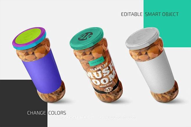 带蘑菇的透明玻璃瓶罐模型品牌包装设计贴图...
