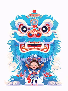 站在狮子舞蹈家前面的一个中国小女孩海报