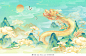 国潮二月二龙抬头插画龙仙鹤祥云春天春季山水风景中国风水彩背景图片素材