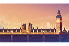 城市风景 平面 复古 色彩 伦敦 大桥 风光建筑插图/插画