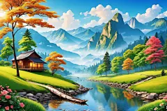 天空景色草坪山峰云朵美景插画图片