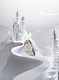 A paper winter wonderland created for Omega Watches' latest holiday editorial, featuring a layered paper bear, an enchanted castle and a peacock with a tail created from miniature watch cogs.Photographer | Luke KirwanSet Design & Paper Art | Makerie S