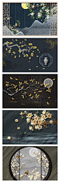 中式古典装饰画植物鲜花风景中式地产古典木窗元素海报PSD素材