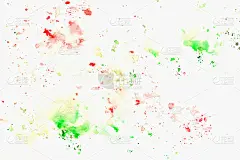 绿，红，亮，白纸上五颜六色的斑点，春意盎然。手绘插图