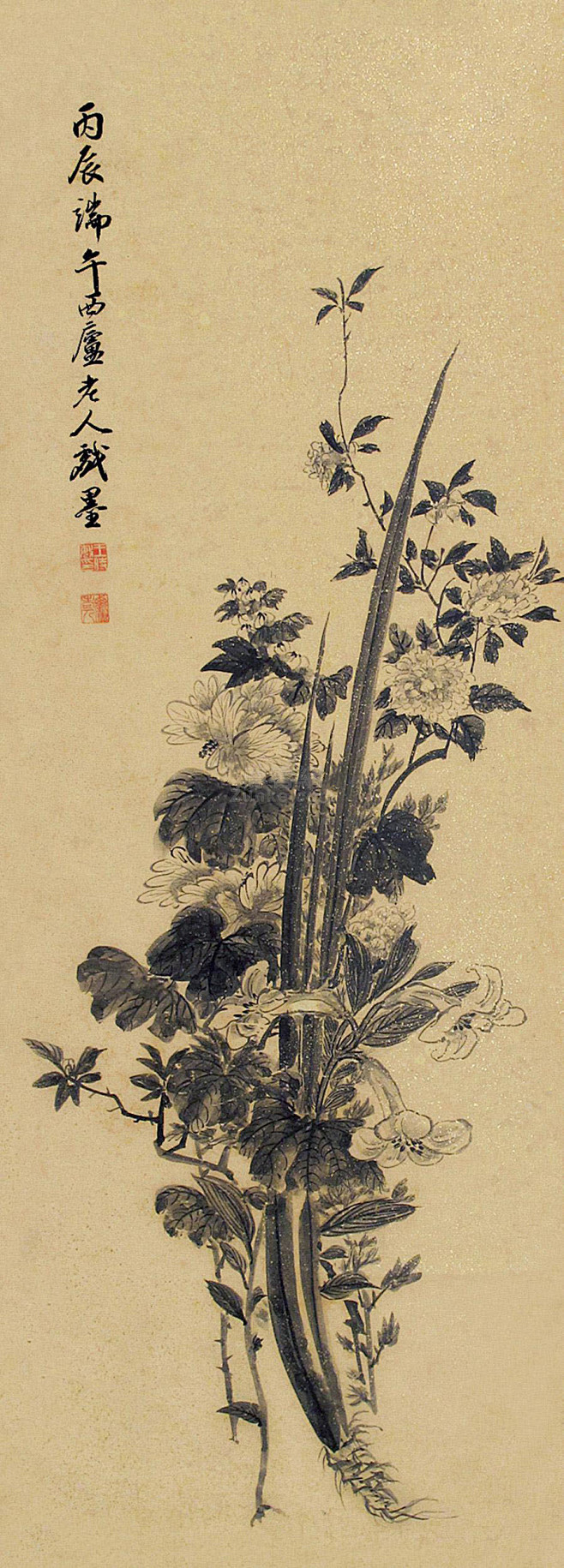 王时敏——《端午图（五瑞图）》【丙辰端午，西庐老人戏墨】花卉节令 立轴欣赏 | 明末清初|王时敏(1592-1680)原名赞虞，字逊之号烟客 ...