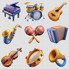 Set of musical instruments 3d icons including guitar piano drums maracas accordion saxophone violin