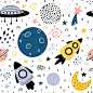 Space seamless pattern with spaceships, planets, m