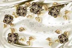 3d 壁纸, 金色首饰花在丝绸背景。庆祝3d 背景。花的主题--这是室内设计的趋势.