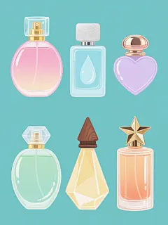 手绘插画风格，六个不同样式的香水系列素材集合规整排布，纯色背景。第一个香水为圆形瓶身搭配方形透明瓶盖，瓶身采用渐变粉色，瓶盖和喷头为金色；第二个为方形瓶身搭配水滴形磨砂瓶盖，瓶身是淡蓝色，瓶盖为银色；第三个是心形瓶身配圆形金属瓶盖，瓶身呈淡紫色，瓶盖为玫瑰金色；第四个为不规则几何形瓶身配锥形木质瓶盖，瓶身是淡黄色，瓶盖为深棕色；第五个是椭圆形瓶身配六边形透明瓶盖，瓶身呈淡绿色，瓶盖为透明色；第六个是圆柱形瓶身配星形金属瓶盖，瓶身是淡橙色，瓶盖为金色。每个香水瓶都有清晰的液体折射效果和高光表现，整体画面色彩