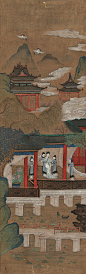 仇英——款《贵妃出浴》无题 仕女人物山水楼阁 镜心欣赏 | 
明|仇英(约1498-1552)字实父，号十洲，吴门四家之一。擅人物仕女，工设色水墨、白描，偶作花鸟。与沈周、文徵明、唐寅并称为"明四家"。早年为漆工、画磁匠并为人彩绘栋宇，因文徵明所称誉而知名。后以卖画为生，师从周臣。画上他为不破画面美感，一般只题名款少写文字。