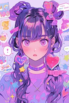 亮眼紫色活泼扁平风多巴胺女孩穿搭人物插画