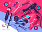 Hairdressing tools, hairbrush and hair dryer, scissors and shaving machine. Vector illustration