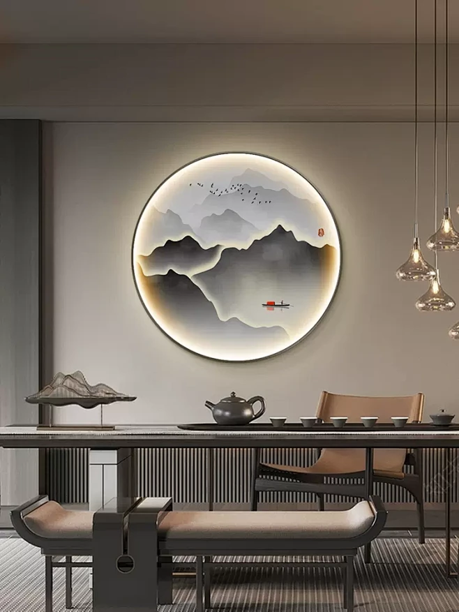 新中式玄关装饰画禅意水墨山水挂画圆形le...