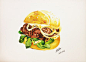 手绘水彩 美食食物 插图插画 涂鸦绘图 吃货福利 快餐 牛排芝士汉堡 元气早餐