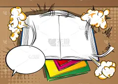 用空白页给翻开的课本贴图，放在其他闭合书籍上- -漫画书风格，卡通人物插图.