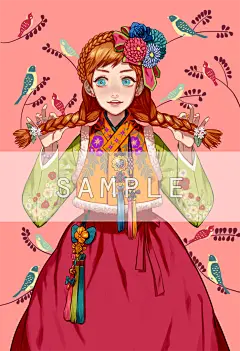  韩国画师 rcbboy0527 笔下穿韩服的迪斯尼人物公主和梦工厂英雄，色彩艳丽，细节细腻，美~✿◡‿◡