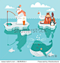 Set of cute cartoon polar north inhabits sitting on icebergs. White polar bear,penguin,walrus and seagull. Cartoon characters. Vector illustration