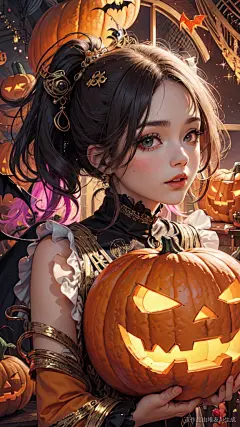 女孩穿着南瓜做的衣服，万圣节，蝙蝠，高分辨率，极高分辨率，壁纸，增加细节，清晰度强化，细节强化,