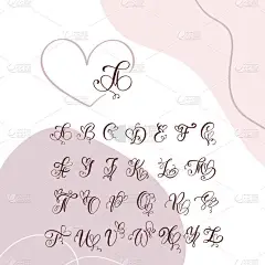 手写心字字母表. 情人节草书字体与繁盛的心脏字体。 可爱的孤立的信。 明信片或海报装饰平面设计.