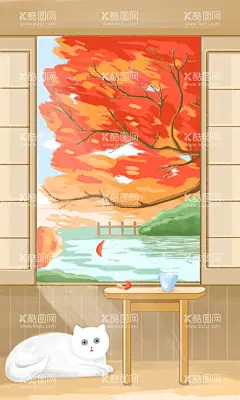 秋天的窗台  - 源文件下载【酷图网】秋天,窗台,猫,秋分,秋季,秋,热茶,手绘,插画,季节,红叶,树,动物,