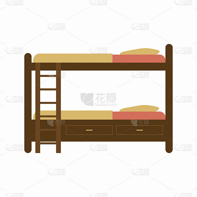 双层床卡通矢量插图。宿舍、大学宿舍室内元素。卧室家具单色物体孤立在白色背景上。学生生活方式属性概念