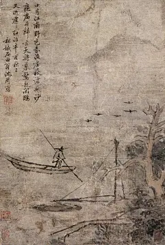 沈周——【十月江南野色昏，渔庄秋浦见沙痕；扁舟归云天将幕，惊起闻鸥又失群。弘治辛酉秋日】人物山水 镜心欣赏  |  
明|沈周(1427～1509)字启南，号石田、白石翁、玉田生、有居竹居主人等，长洲 (今江苏苏州)人。明代中期文人画“吴派”的开创者，&quot;吴门四家&quot;之首，与文徵明、唐寅、仇英合称“明四家”。擅山水，中年后风格沉着浑厚。亦作细笔，人称“细沈”。兼工花鸟、人物。