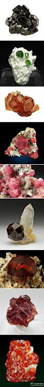 发一组石榴石的图片吧。前两张是钙铁榴石（第二张是翠榴石），三至五张是钙铝榴石，六至九张是锰铝榴石。
