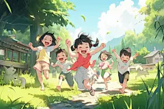春游蓝天秋游奔跑孩子插画图片